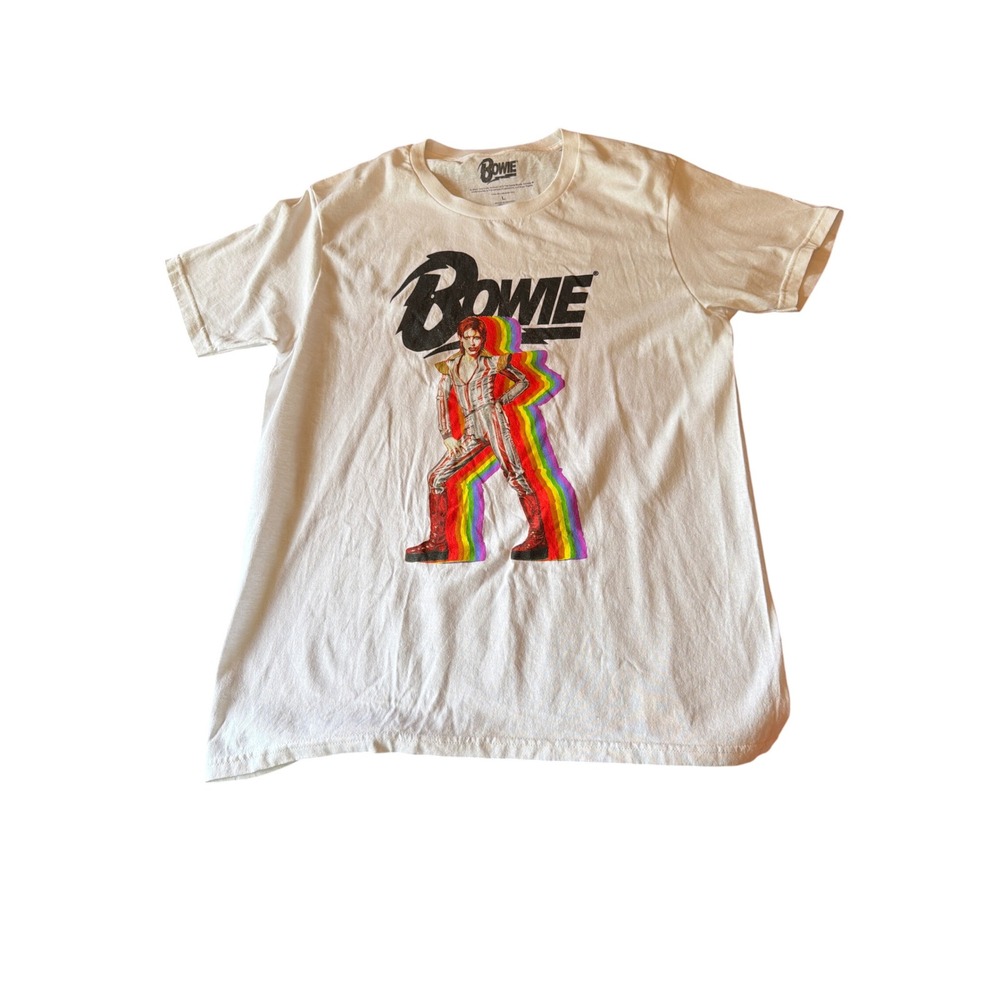 David Bowie T-Shirt White Ziggy Stardust Rainbow Graphic Rock Band Tee Large